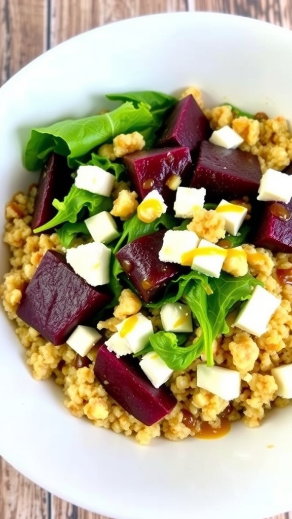 A nourishing quinoa bowl with roasted beets, mixed greens, feta cheese, and walnuts on a rustic table.